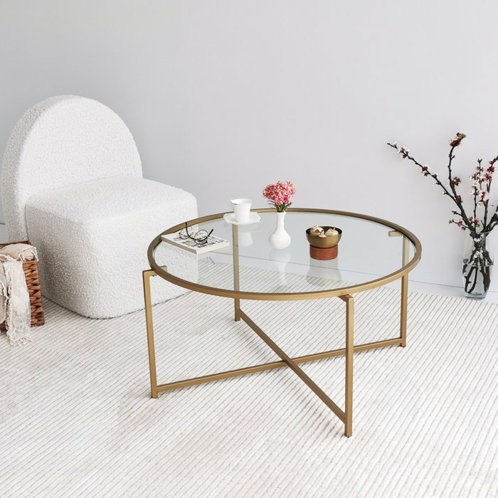 Hanah Home Gold Sun S404 Mesa de Centro con Cristal Templado Dorado